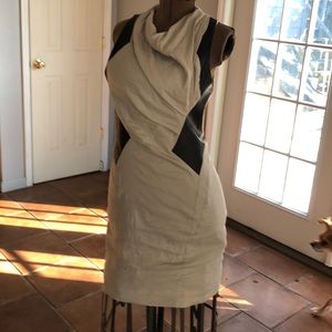 Helmut Lang black leather and tan linen dress
